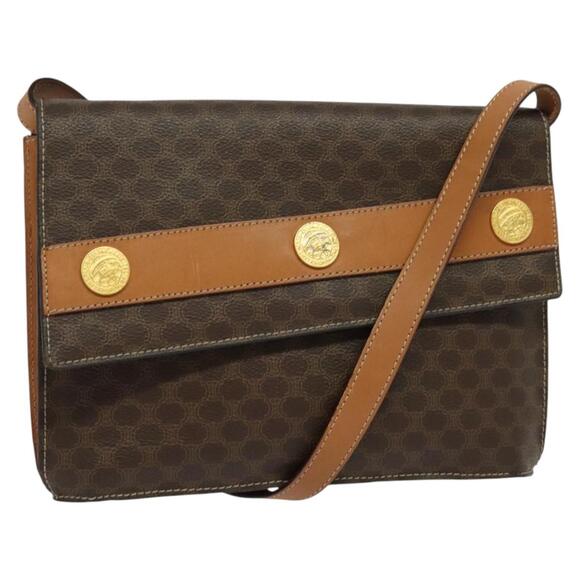 CELINE Macadam Canvas Coin Shoulder Bag Pvc Leather Brown Gold - Picture 1 of 12